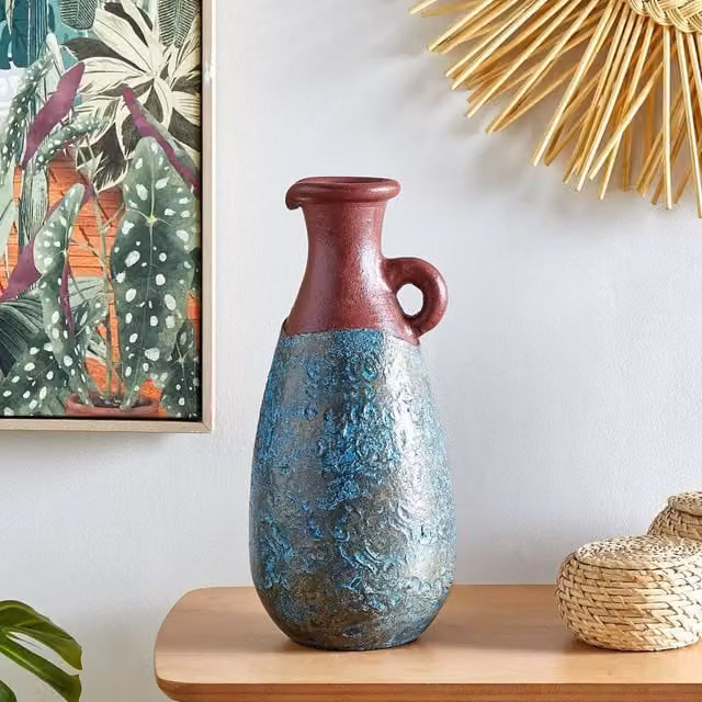 Wyld and Coco Handmade Ceramic Terracotta Vase in Blue and Brown with a Distressed Vintage Finish, Height: 40 cm