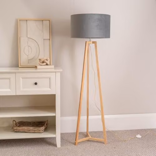 ValueLights Natural Wood Tripod Floor Lamp with Grey Velvet Drum Lampshade and LED Bulb, H 158 cm x W 45 cm x D 45 cm – 2