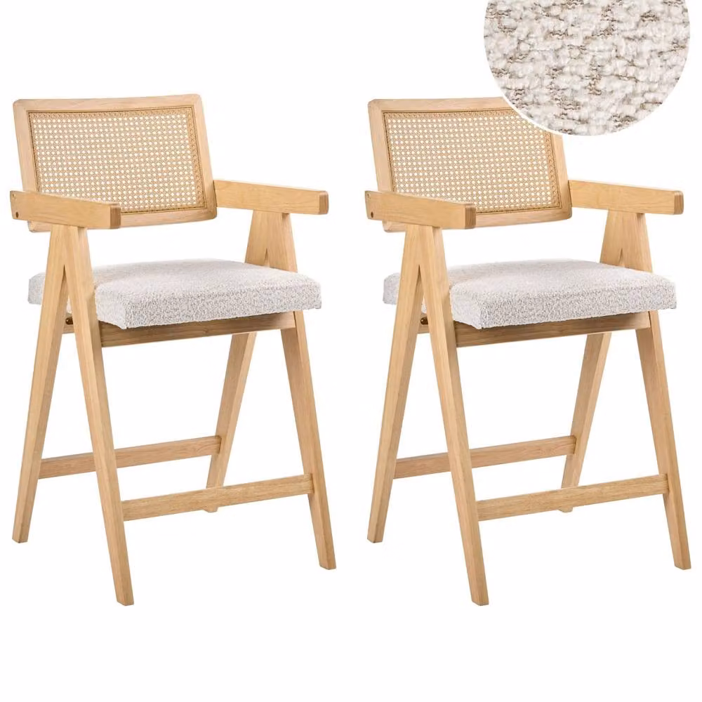 Wyld and Coco Set of 2 Retro Bar Chairs in Beige Boucle and Brown Rubberwood – 2