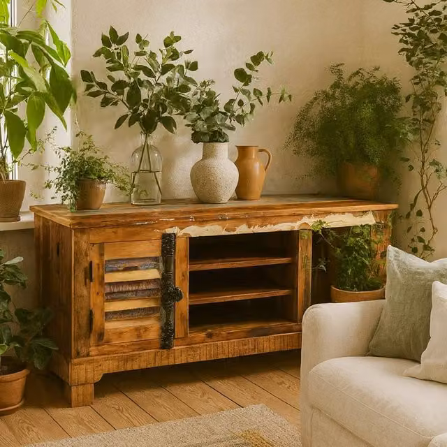 Wyld Haus Seattle Rustic Reclaimed Wood TV Cabinet in Brown