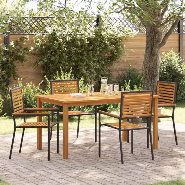 Berkfield Home 5 Piece Black Poly Rattan and Acacia Wood Garden Dining Set – 1