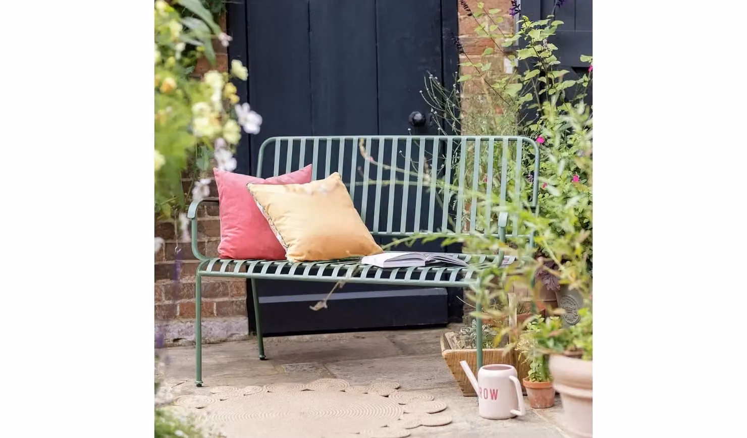 Indu 2 Seater Metal Garden Bench in Green with Cushions, W/D/H: 124 x 61.5 x 86 cm