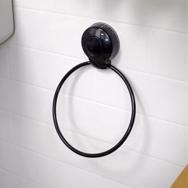 Showerdrape PushLoc Black Metal Suction Wall Mounted Towel Ring – 1