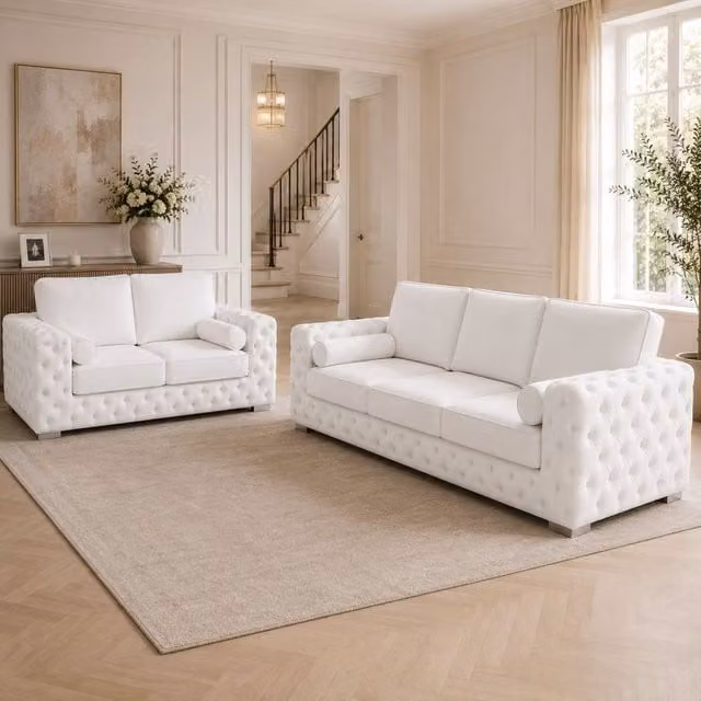 Stratus Interiors Ashley Full Back Chesterfield Upholstered Fabric 2 and 3 Seater Sofa Set in White – 1