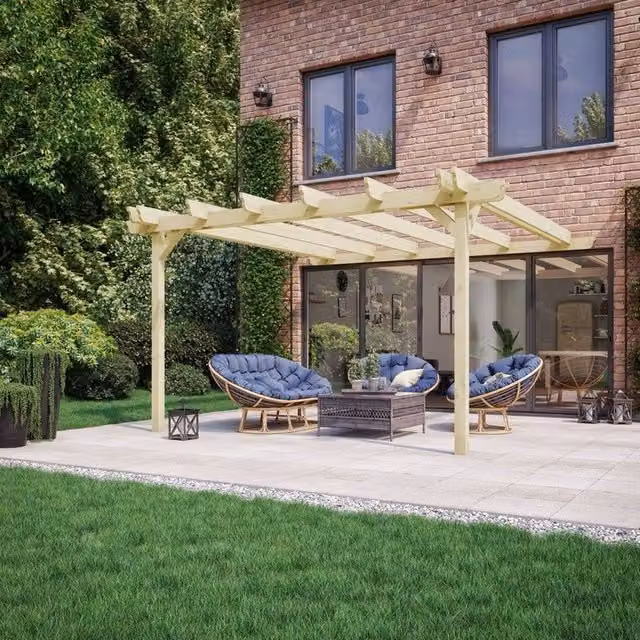 Rutland County Garden Furniture Ltd Wall Mounted Double Garden Pergola, W: 420 cm, D: 300 cm, H: 270 cm, Light Green