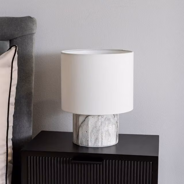 Melanie White Marble Effect Table Lamp with Natural Linen Shade