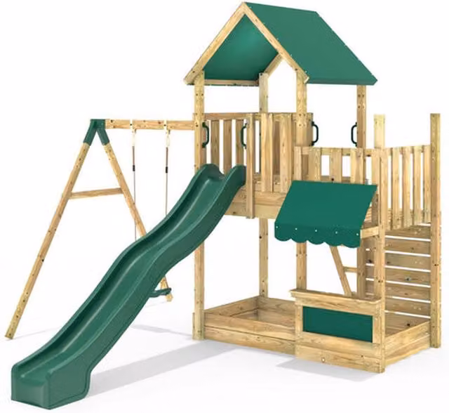 Rebo Wooden Climbing Frame with Play Tower and Slide M3 in Brown and Multicolour, 334 cm