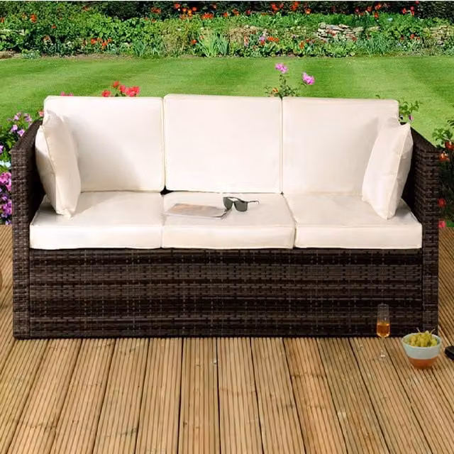 Comfy Living Brown Rattan Sun Lounger Storage Sofa with Cover
