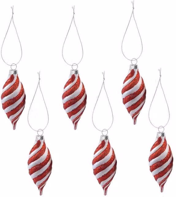 VFM e-Store Christmas Glass Hanging Pendant Decorations in Red and White Striped Geometric Patterns, Pack of 6