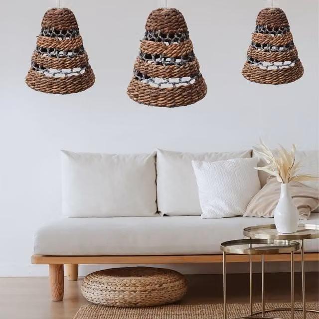 KDMK Set of 3 Brown Boho Banana Leaf and Rattan Cone Lamp Shades