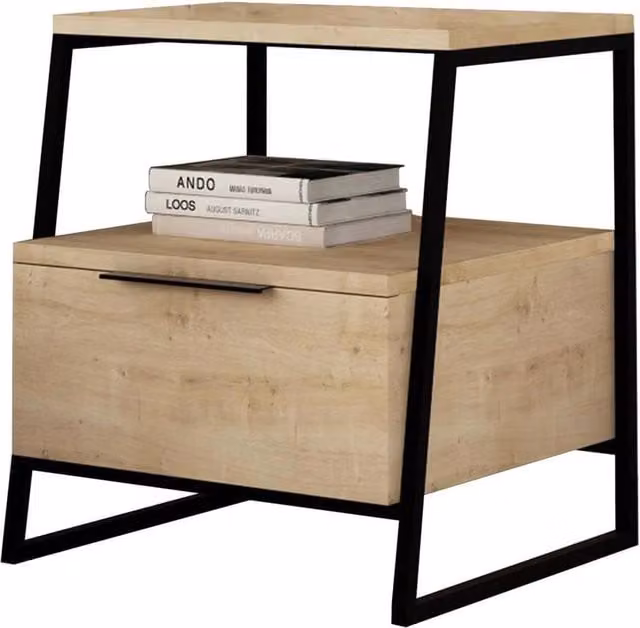 Havendro Oak 1 Door Bedside Table with Black Metal Frame in Light Oak