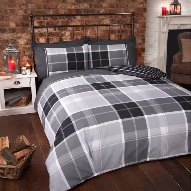 Rapport Home Reversible Checked Cotton Duvet Set with Pillowcase, Multicolour and Grey, Duvet Cover: 180 x 200 cm, Pillowcase: 50 x 75 cm
