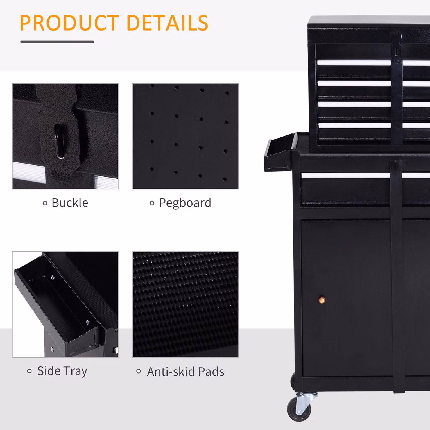 DURHAND Metal Tool Chest with 5 Drawers, Pegboard and Wheels, Black – 7