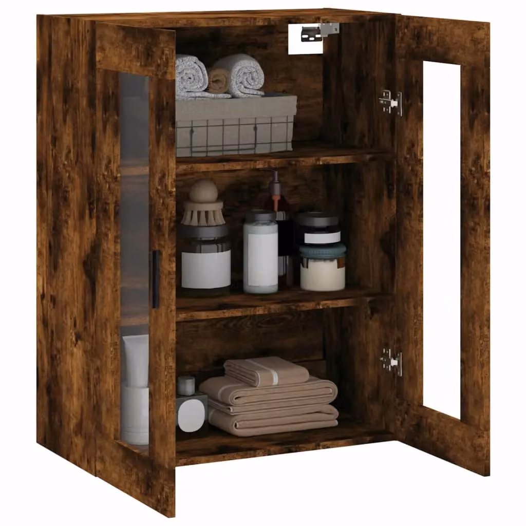 Berkfield Home Wall Mounted Smoked Oak Cabinet with Glass Doors in Brown W/D/H: 69.5 x 34 x 90 cm – 4