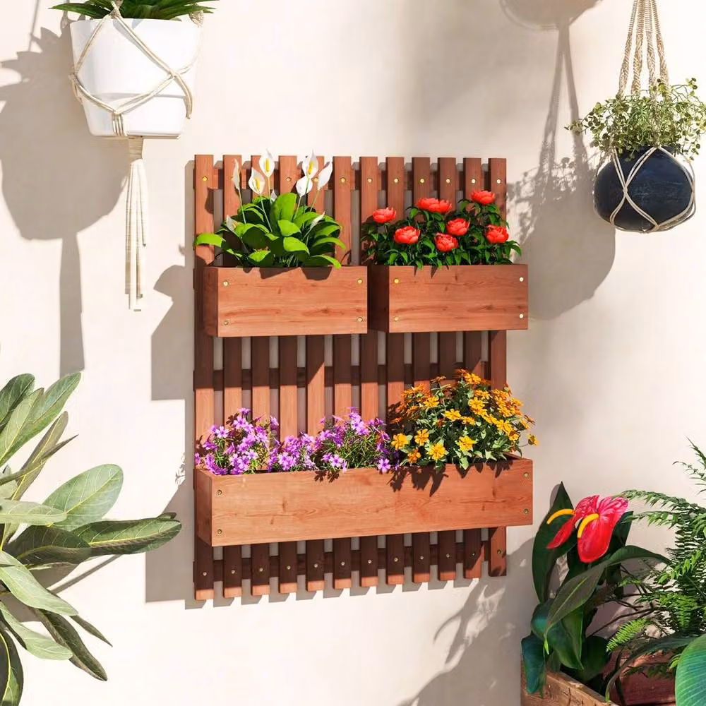 VOGREX Brown Wooden Raised Garden Bed with Trellis Wall-mounted Planter W/D/H: 80 x 60 x 16 cm – 3