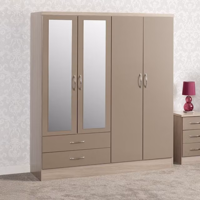 Seconique Nevada 4 Door 2 Drawer Mirrored Wardrobe in Oyster Gloss and Oak