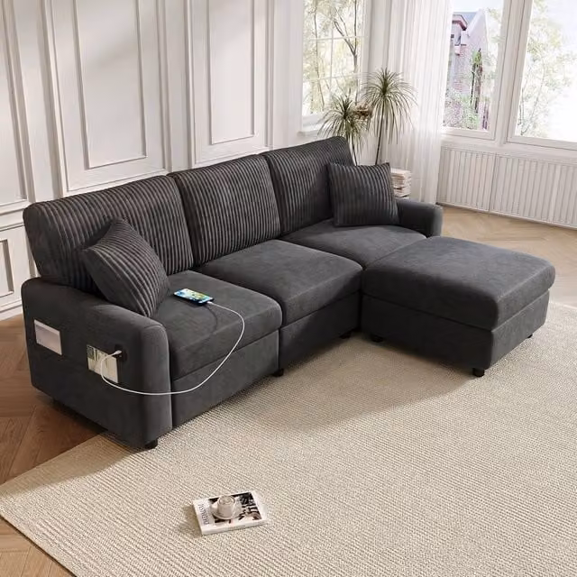 BTM Modern 3-Seater Sofa with USB Type-C Charging, Dark Grey Corduroy Fabric, W/D/H: 223 x 146 x 84 cm