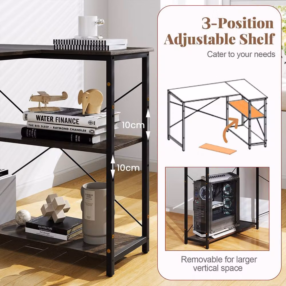 Gymax L-shaped Reversible Corner Computer Desk with Adjustable Shelf in Brown – 3