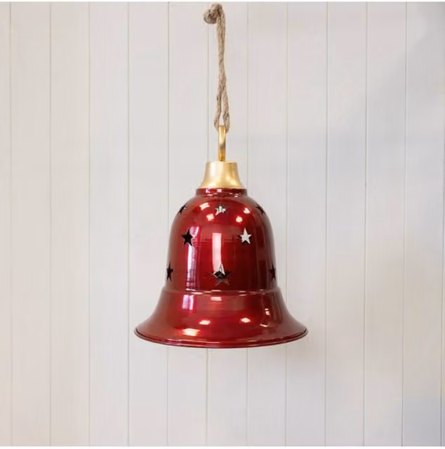 KDMD Large Glossy Red Metal Hanging Bell with Star Cutout Detail