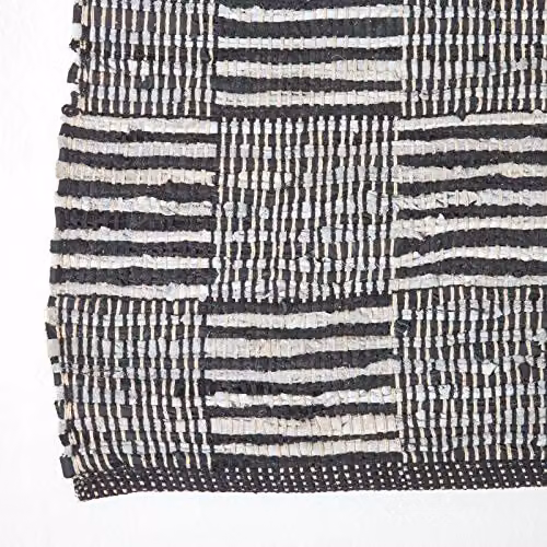 HOMESCAPES Black and White Genuine Leather Hall Runner, Handwoven Striped Block Check Rug with Fringes, W/D/H: 66 x 200 cm – 3