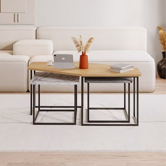 Decortie Nesty Modern Oak Wood Coffee Table Set of 3