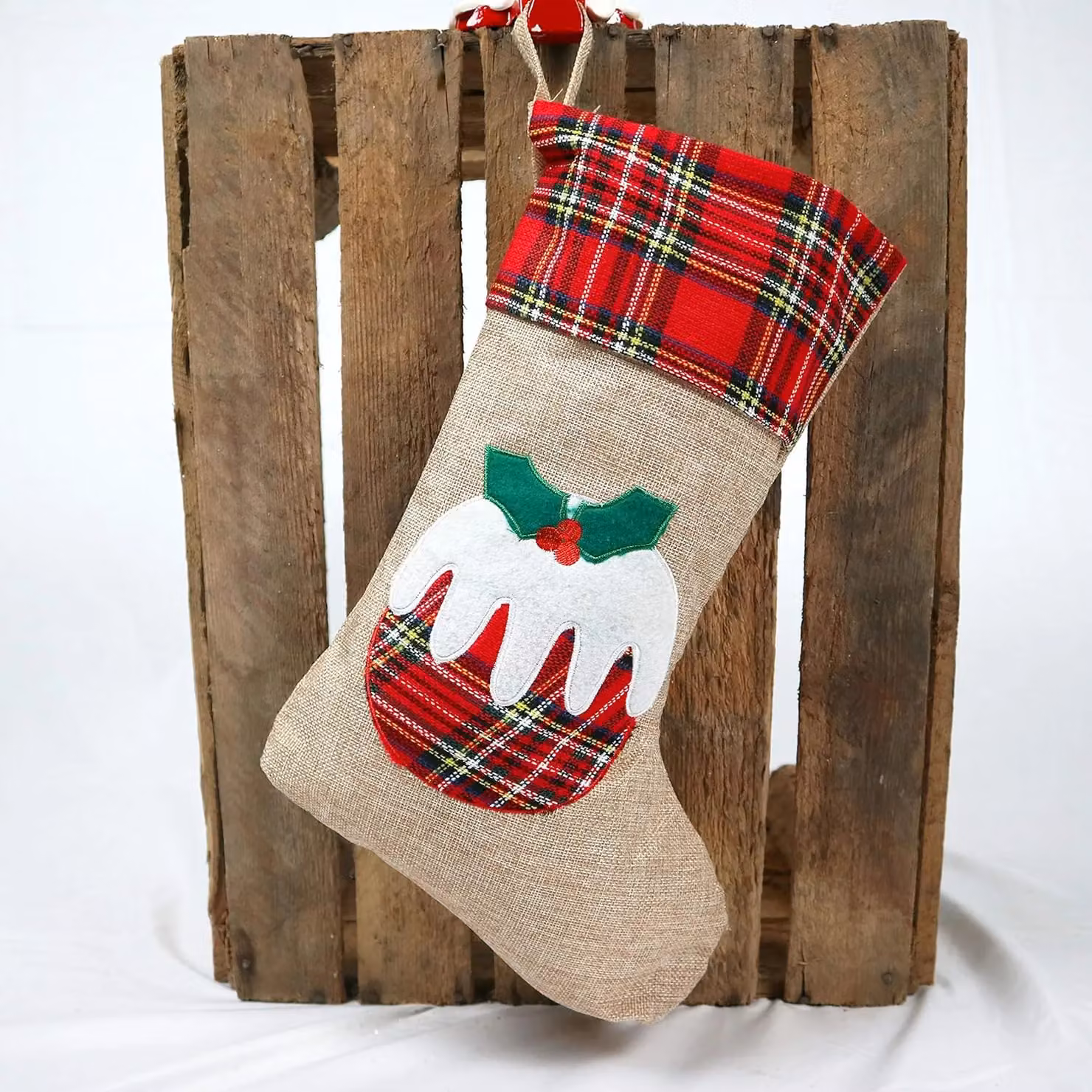 Shatchi Large Christmas Pudding Xmas Stocking in Brown Burlap Hessian Linen, W/H: 26 x 45 cm – 9