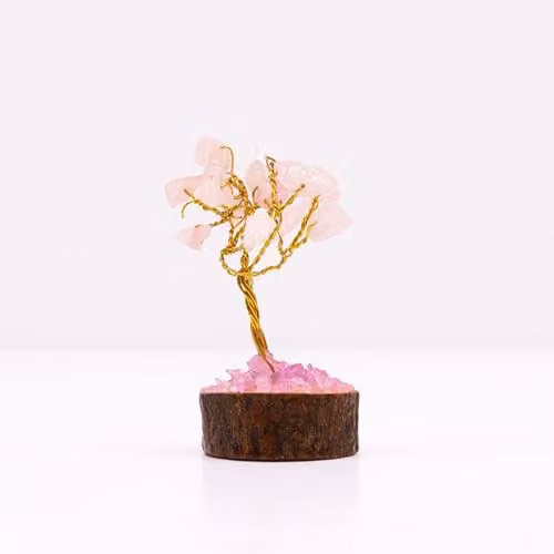 Thunder Tribes KDMD Mini Rose Quartz Gemstone Energy Tree with Wood Base in Pink