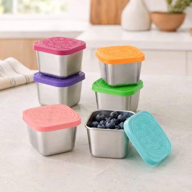Pawnora 6 Pack Stainless Steel Food Containers with Silicone Snap Lids in Silver