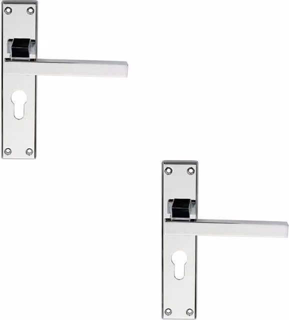 Loops 2x Pair Straight Square Lever on Euro Lock Backplate in Polished Chrome, W: 180 mm x H: 40 mm