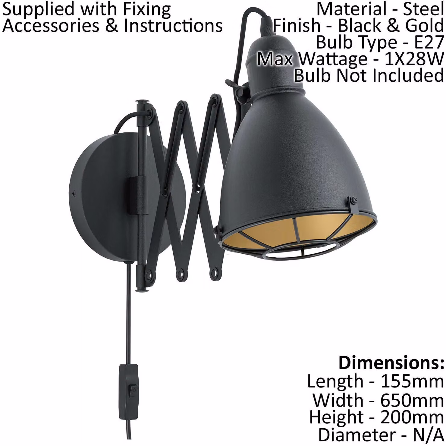 Loops 2 Pack Modern LED Wall Sconce in Black and Gold with Adjustable Round Metal Shade, E27 Bulb Replaceable – 2