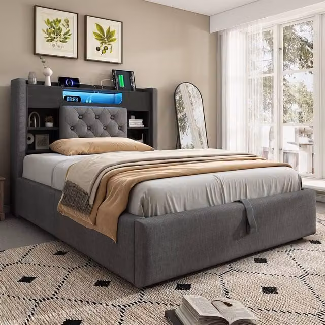 Rolipo Grey Upholstered Double Ottoman Bed with LED Lighting, USB Charging Port and Bedside Shelf, W/D/H: 140 x 200 cm