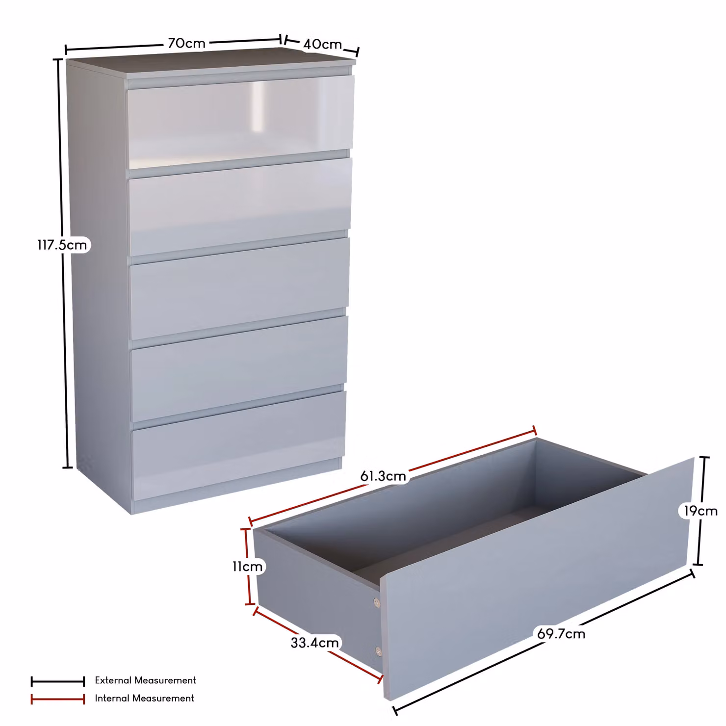 Vida Designs Glinton High Gloss 5 Drawer Chest of Drawers in Grey – 2