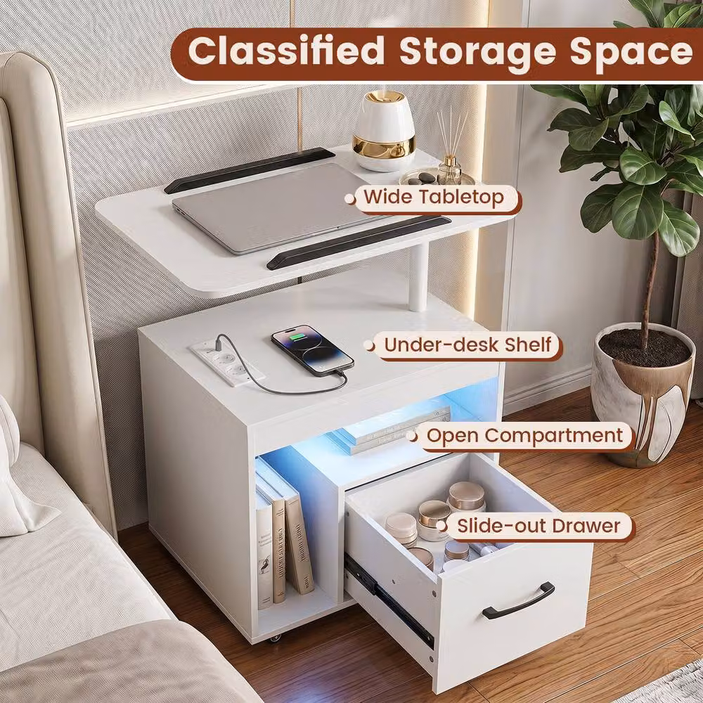 Costway Modern White Nightstand with LED Lights, Charging Station and Drawer – 3