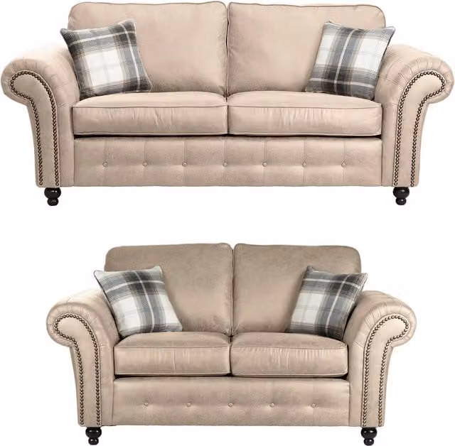 Furniture786ltd Chicago Oakland 3 and 2 Seater Sofa Set in Tan Marble with Leather and Fabric Upholstery