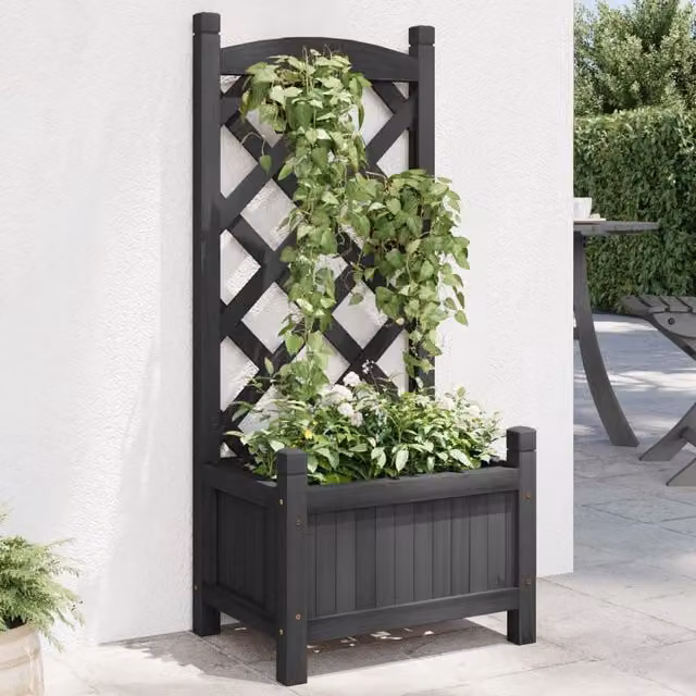Berkfield Home Black Solid Wood Fir Planter with Trellis