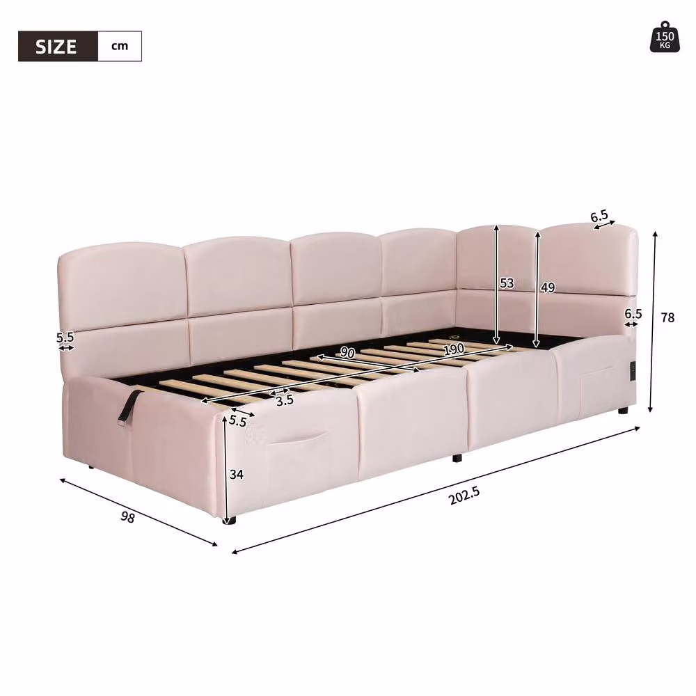 BTM Pink Velvet Single Upholstered Daybed Sofa Bed with Storage and USB Charging Port – 5