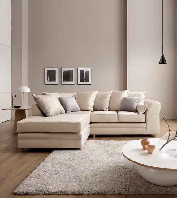 Abakus Direct Chicago Left Hand Facing L-Shape Corner Sofa in Cream Velvet with Scatter Cushions – 1