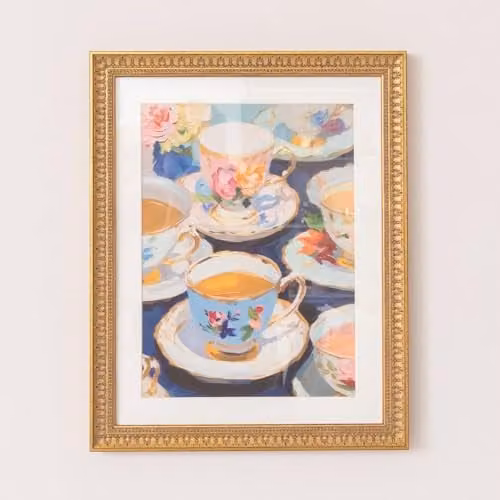 Melody Maison Vintage Textured Watercolour Teacups Wall Art Print in Multicolour with Gold Frame, W: 40 cm, H: 50 cm