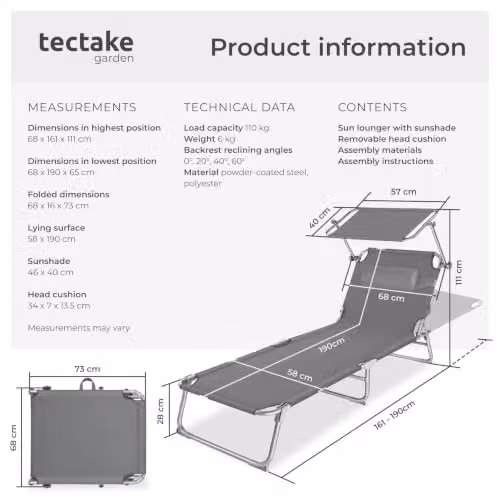 tectake Folding Sun Lounger in Grey with Sun Canopy and Adjustable Headrest, W/D/H: 190 x 68 x 111 cm – 3