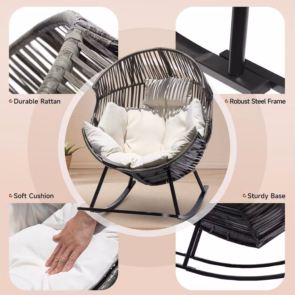 Lishetimig Oversized PE Rattan Rocking Chair with Thick Cushion in Grey – 5