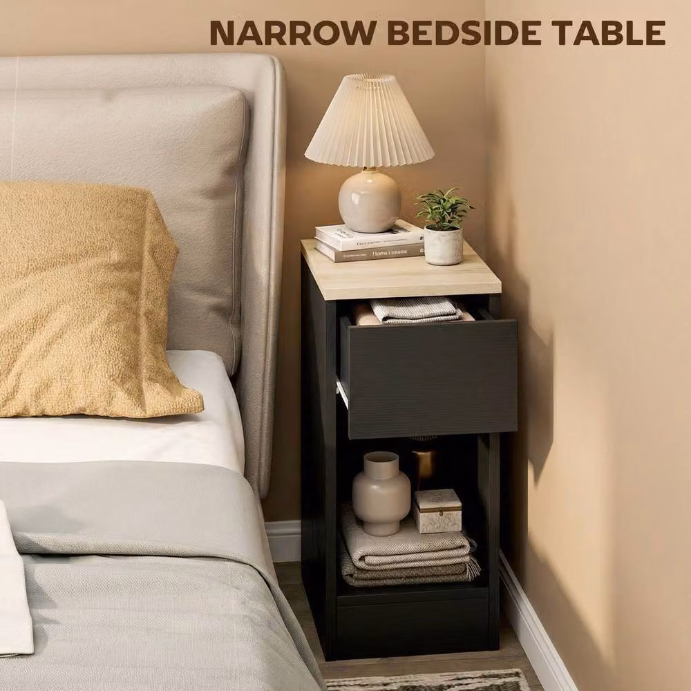 STILVORA Modern Black Bedside Table with Drawer and Shelf – 7