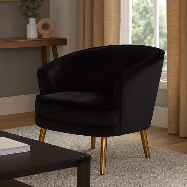Louxor Living Black Velvet Mid Century Round Armchair with Gold Metal Legs – 2