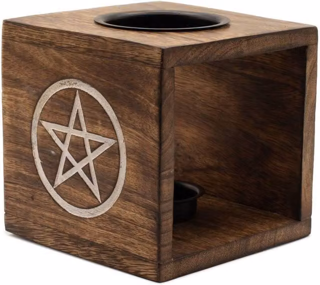 KDMD Large Square Mango Wood Oil Burner with Modern Geometric Design in Brown – 1