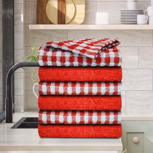 Casabella Pack of 6 Red and Blue Checked Cotton Terry Towelling Kitchen Tea Towels – 8