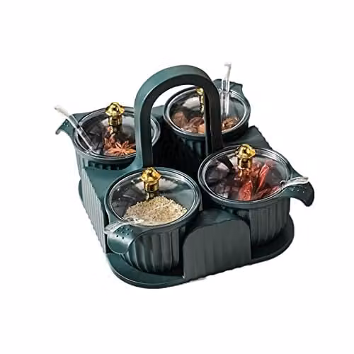 JINGYAN 4-Compartment Plastic Spice Shaker and Seasoning Storage Box with Lid and Spoon in Green