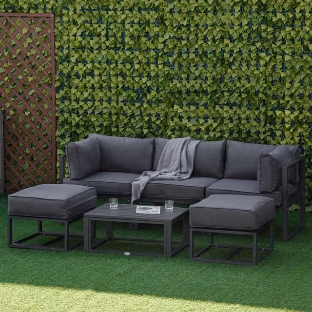 Outsunny 6 Piece L-Shape Outdoor Sectional Sofa Set with Coffee Table and Ottoman in Grey