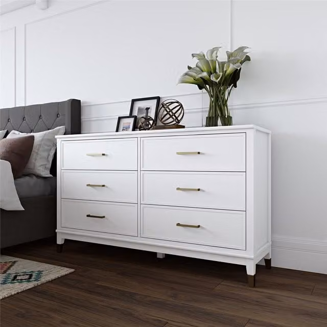 Dorel Home Modern Lacquered White and Gold Freestanding Bedroom Dresser