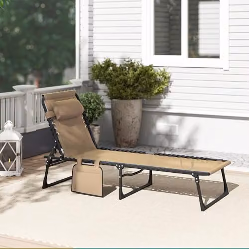 Outsunny Portable Folding Camping Bed Cot with Adjustable Headrest and Side Compartments, Beige, W/D/H: 190 x 68 x 30 cm – 7