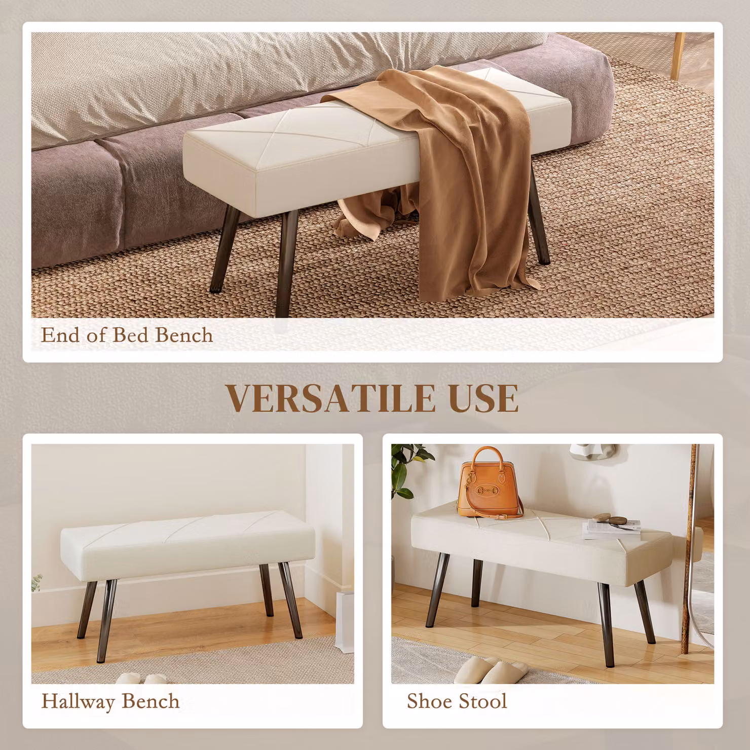 HOMCOM Modern Velvet Upholstered Hallway and Bedroom Bench in Beige with Metal Legs, W: 120 cm, H: 45 cm, D: 40 cm – 4