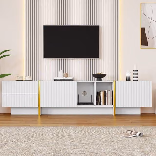 Merax Modern Glossy White and Gold Media Console with Drawers and Shelves – 1